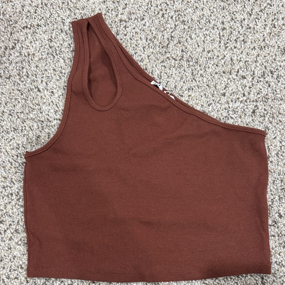 Zara One-Shoulder Ribbed Crop Top - Brown